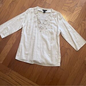 Anne Carson Ivory Linen Blend Tunic Beads Pearls Rhinestones Size Large
